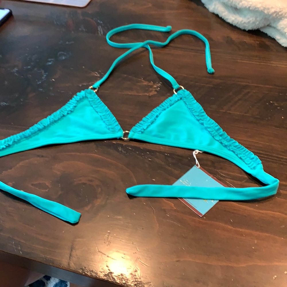 Blue Letarte bikini top. Halter neck and tie back